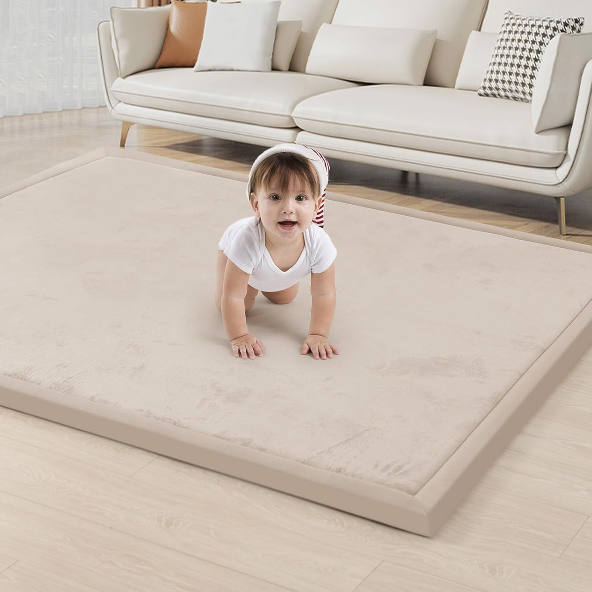 ACOMOPACK Baby Play Mat for Floor 1.3" Thick Memory Foam Play Mat 79"×118" Tummy Time Crawling with Non-Slip Bottom for Living Room,Nursery,Soft Velvet Playpen Mats for Kids,Infants（Beige）