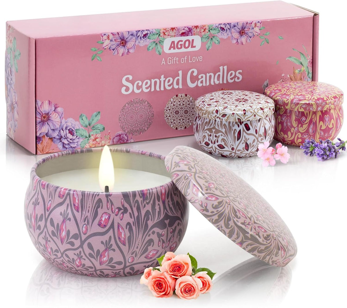 Candles Gifts for Women 3 Pack 2.5 oz Natural Floral Lavender Cherry and Rose Candles Set, Aromatherapy Candles for Home Scented, Portable Small Jar Candles Set for Travel, Spa, Bath, Yoga