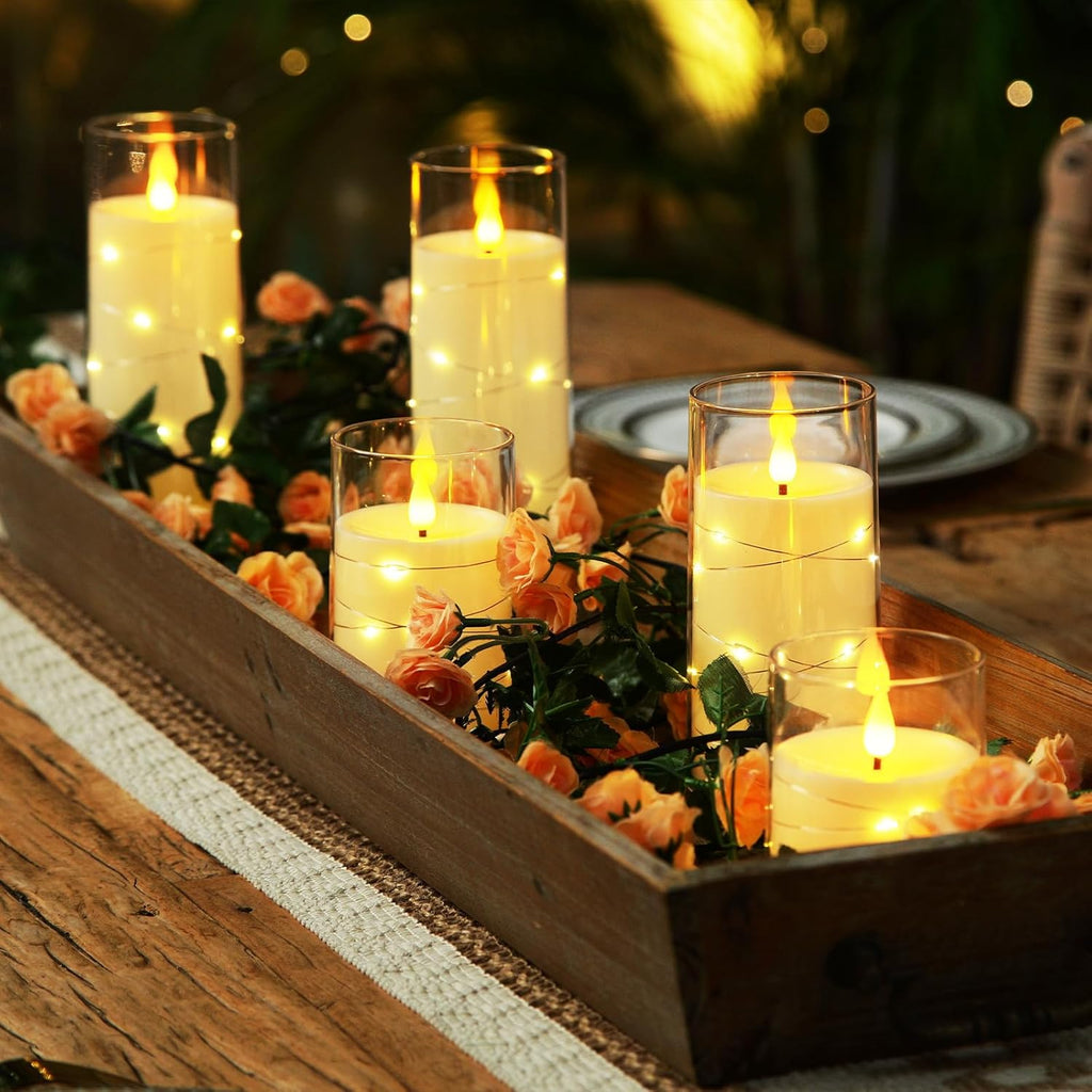 Homemory Pure White Flameless Candles with Embedded Star String Fairy Lights, Battery Operated Candle, LED Candles, Fake Candles with Remote Control and Timer, Set of 5(H4 5" 6" 8" 8")
