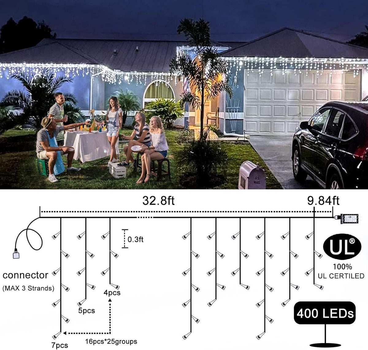 Icicle Christmas Lights Outdoor - 33ft 400 LED Icicle Lights for Outside with 75 Drops Waterproof Plug in Fairy String Lights with Timer for Party, Holiday, Wedding, Christmas Decoration, Cool White