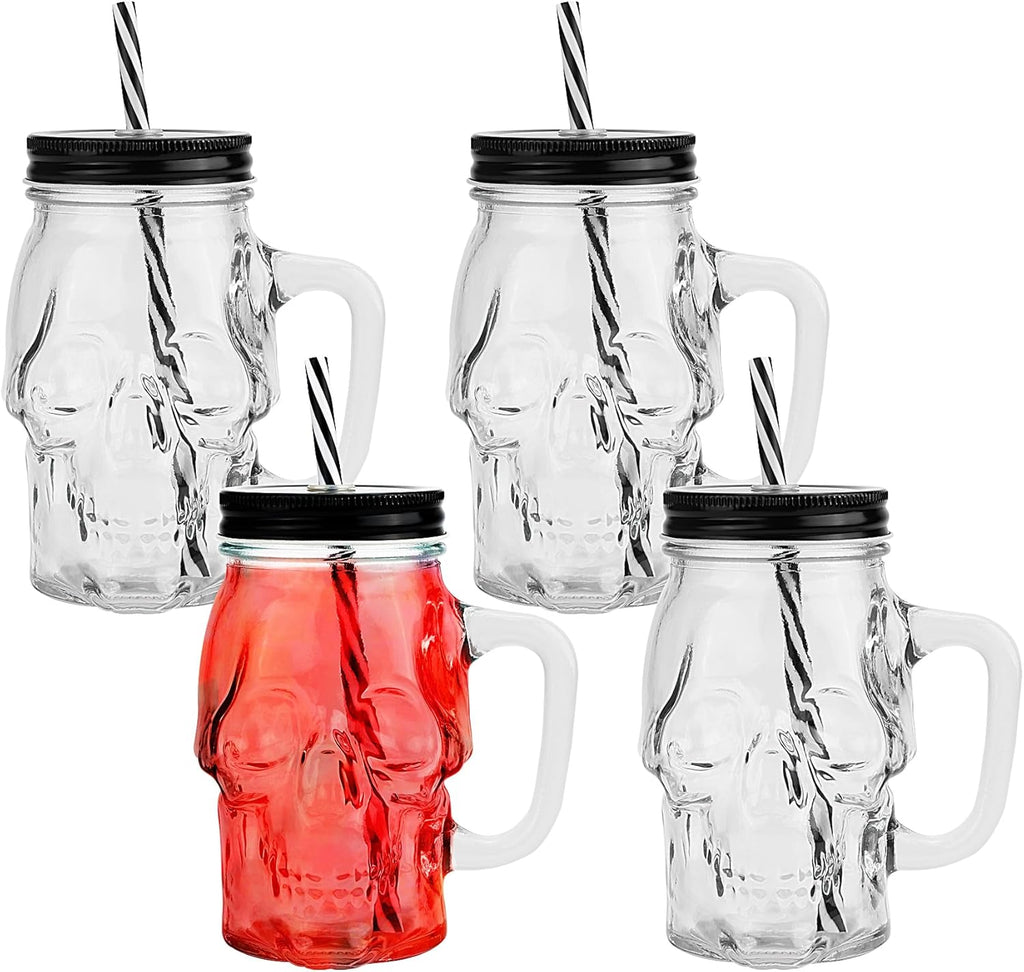 Halloween Cups Set of 4 - Skull Mason Jar with Lids Straws and Handle - Skull Drinking Glasses for Halloween Party Bar Decor (16 oz, Clear)