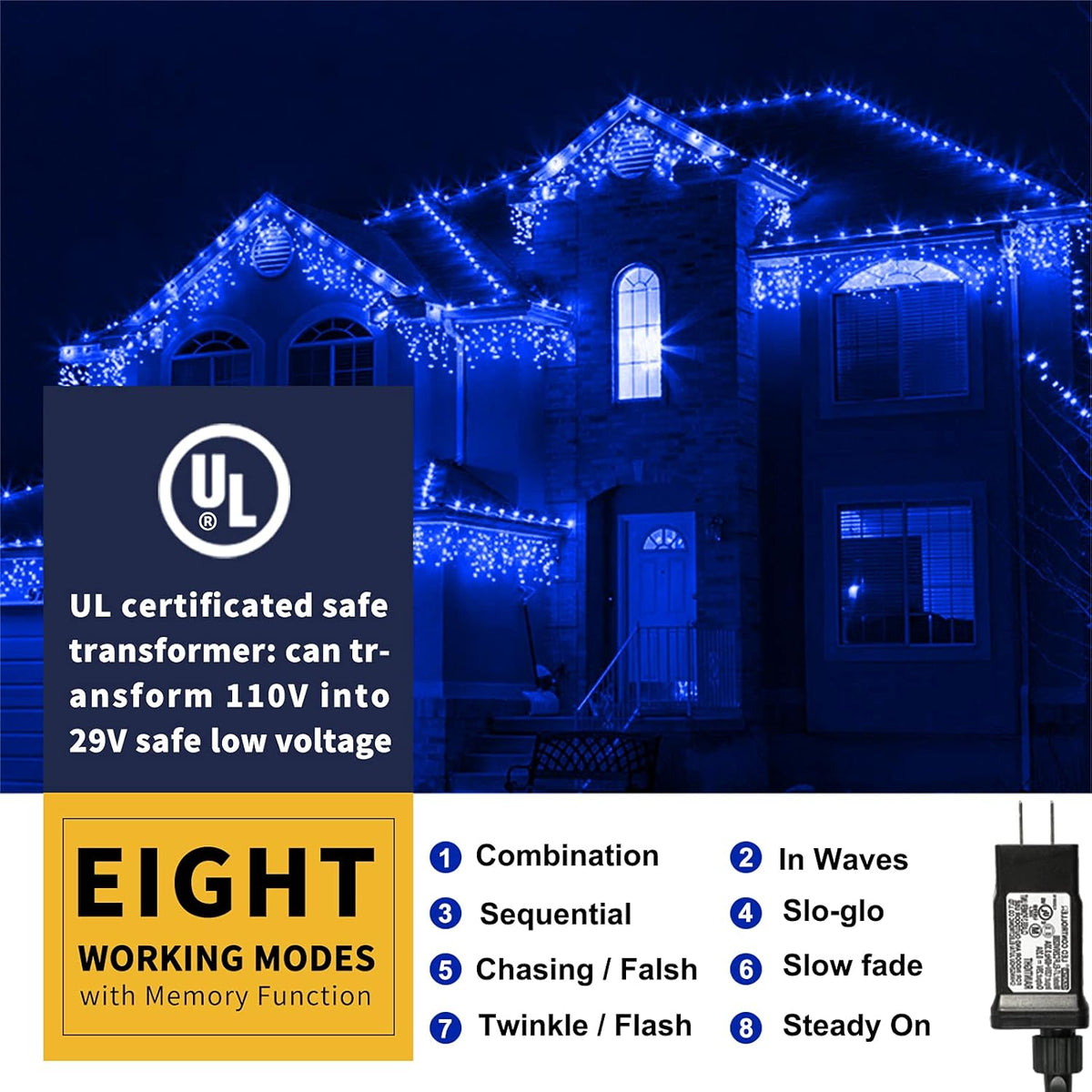 XTF2015 105ft 300 LED Christmas String Lights, End to End Plug 8 Modes Christmas Lights UL Certified Outdoor Indoor Fairy Light Christmas Tree, Patio, Garden, Party, Wedding, Holiday (Blue)