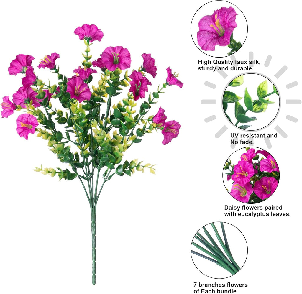 Artificial Flowers for Outdoors Fake Plants, 12 Bundles Faux Fuchsia Morning Glory UV Resistant Look Real Silk Flowers for Outside Planter Front Door Porch Patio Yard Fall Autumn Decoration