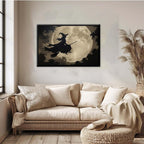JFHCQJPK Full moon witch silhouette poster witch on magic broom Halloween mural poster decorative mural art suitable for home living room bedroom8x12in Metal blackFramed