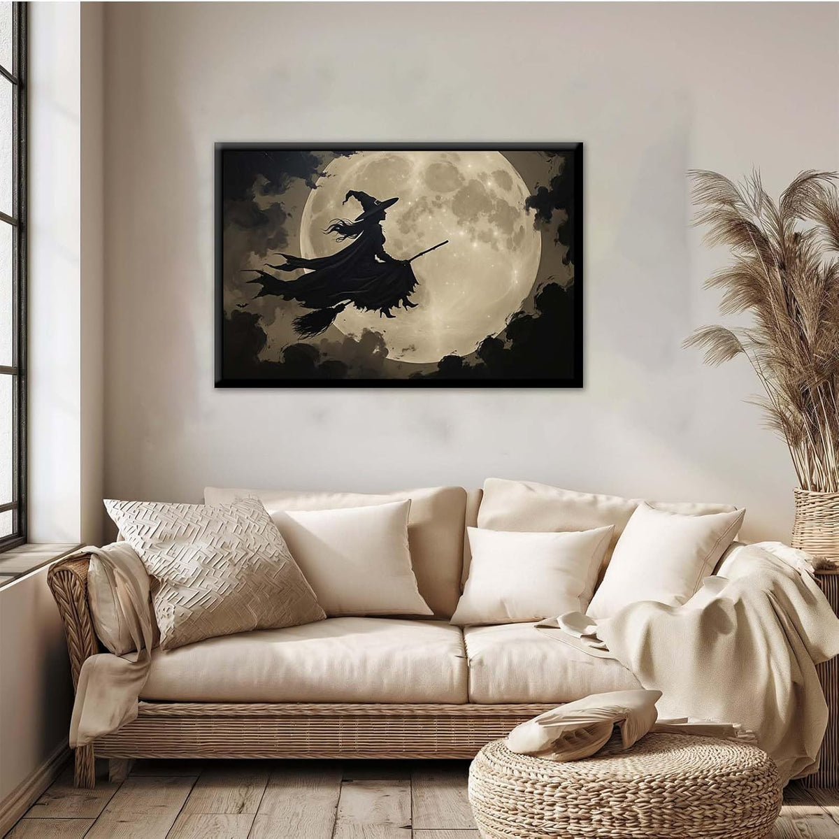 JFHCQJPK Full moon witch silhouette poster witch on magic broom Halloween mural poster decorative mural art suitable for home living room bedroom12x16in Metal blackFramed