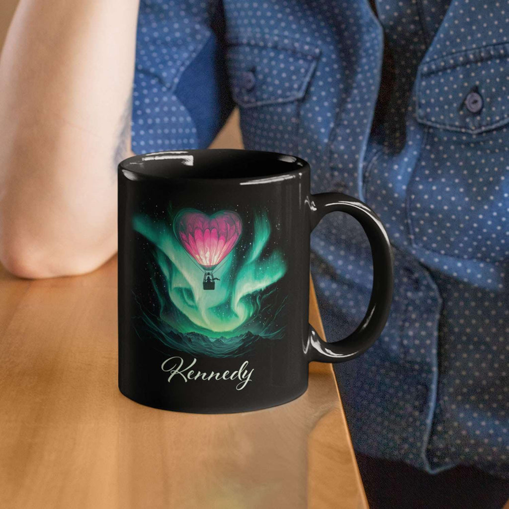 Customized Name Coffee Cup, Custom Hot Air Balloon Mug With Heart-Shaped, Personalized Northern Lights Ceramic Mug, Gift For Couples On Valentine's Day, Love Black Cup 11oz Or 15oz