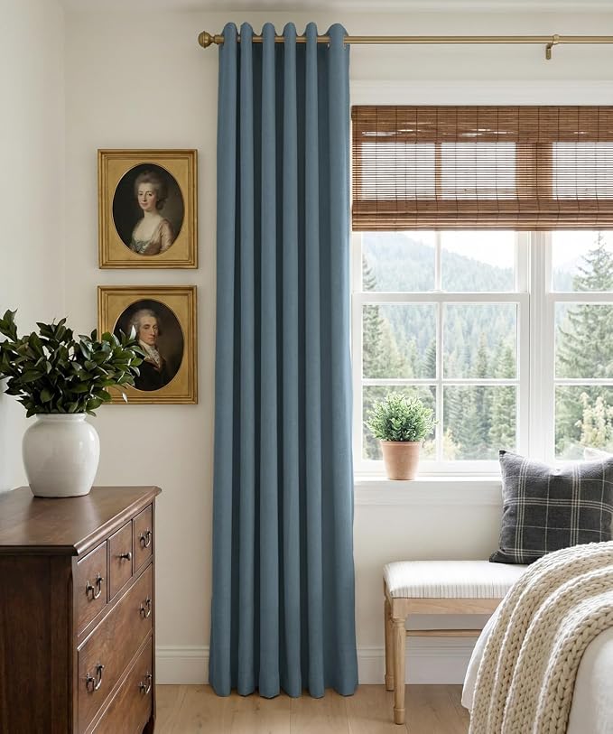 100% Blackout Linen Textured Curtains 63 Inch Long, Stone Blue | 100% Blackout - Image 2