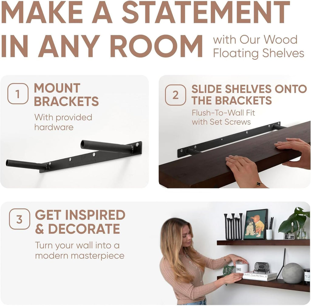 Homeforia Walnut 60 inch Floating Shelf, High End Solid Real Wood 60inch Long Floating Shelf for Wall, Dark Brown Wooden 60in Large Floating Shelves, Heavy Duty Bracket, 60 X 6.5 X 1.75 inch, Set of 2