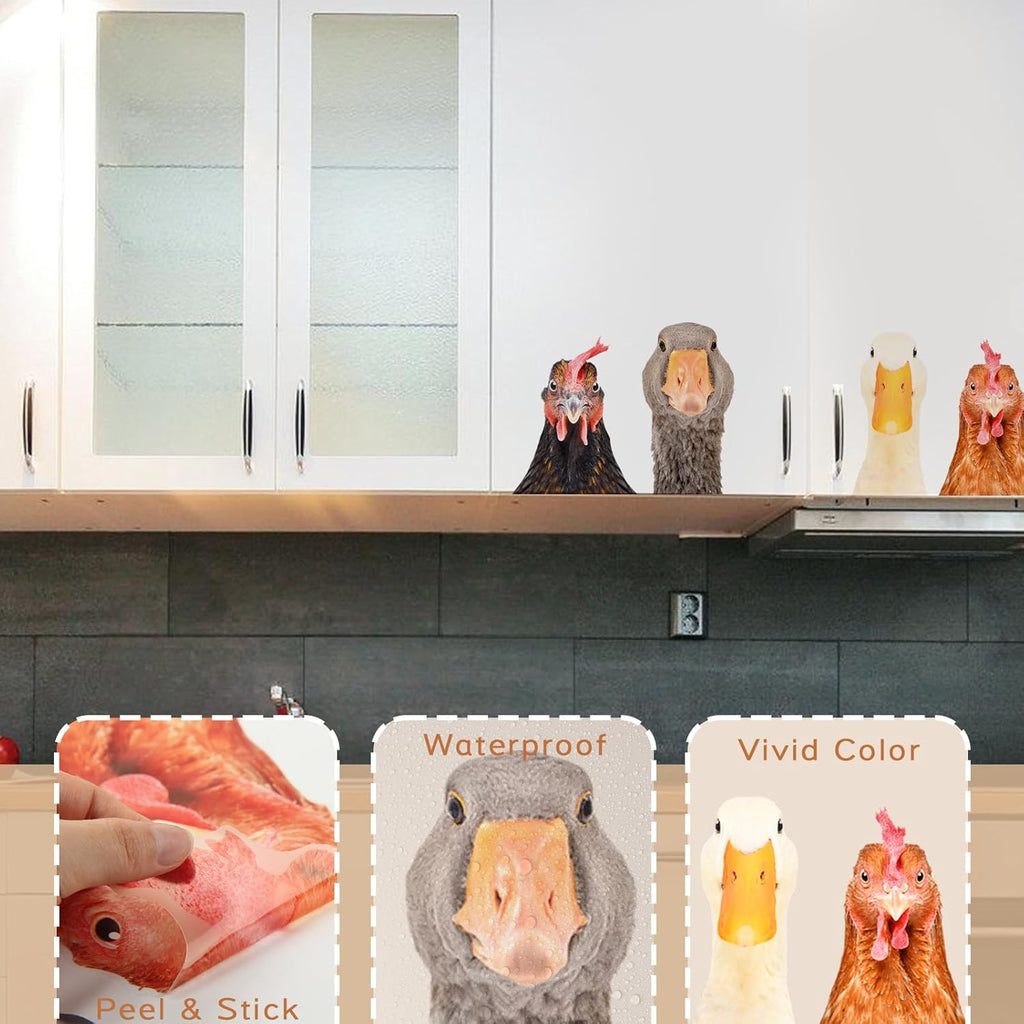 Funny Animal Windows Stickers Decor - 2 Hens Head & 2 Goose Head Window Cling Removable - Cute Animals Window Decals Peel and Stick - Funny Animals Wall Decor for Farmhouse Kitchen Door Refrigerator