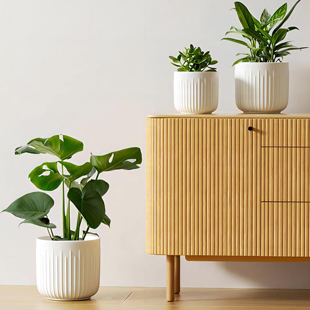 LE TAUCI Fluted Ceramic Planters Set of 3 – 8.3/7 / 5.7 in White Cylinder Indoor Plant Pots with Drainage Plug & Mesh, Matte Glazed Stoneware Flower Pots for Succulent Herb Cactus