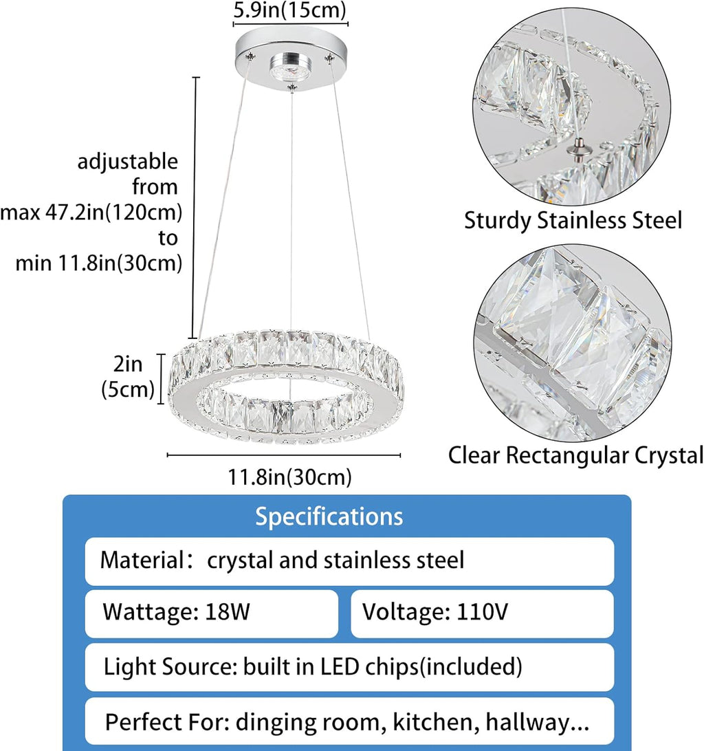 11.8" Crystal Chandelier LED Round Flush Mount Ceiling Light Fixture Modern Hanging Pendant Lighting Mini Ring Chandeliers for Dining Room Kitchen Island Hallway Bathroom (Cool White)