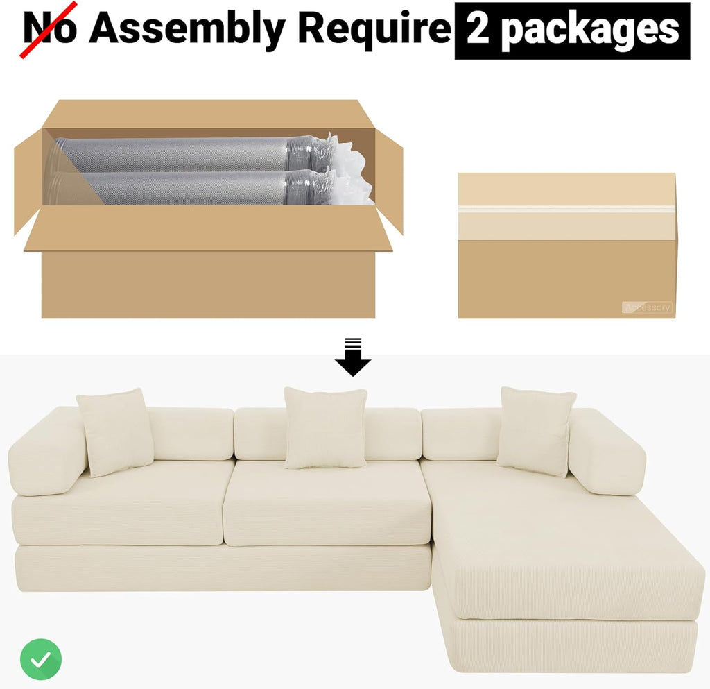 108" Oversized Convertible Sleeper Sofa Bed, Corduroy L Shape Sectional Couch, Folding Sofa Bed with Side Pocket, Modern Cloud Floor Mattress Couch, Modular Sofa for Living Room, Beige