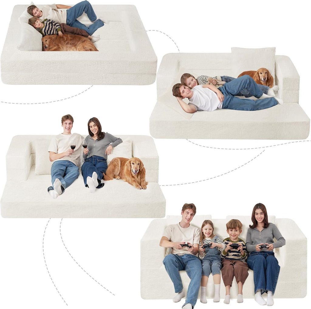 Folding Bean Bag Chair for Adults,3-in-1 Bean Bag Couch Faux Fur Floor Sofa Large Beanbag Convertible Bean Bag Sofa Bed with Pillow in Bedroom,Living Room,Apartment(Queen,Milky White)