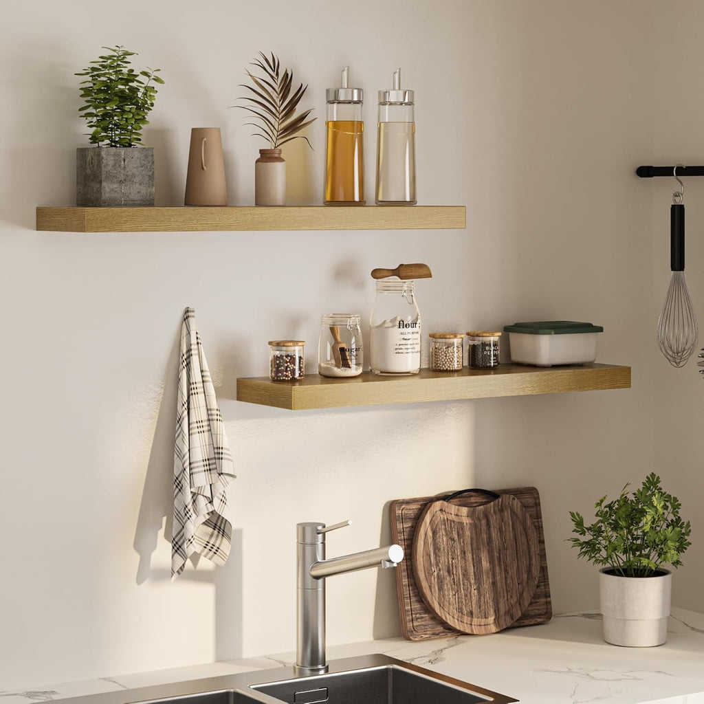 Floating Shelves for Wall, 36" W x 8" D x 1.5" H, Wooden Wall Mounted Display Shelves with Invisible Brackets for Living Room, Bedroom, Bathroom, Kitchen Decor and Storage, Set of 2, Oak