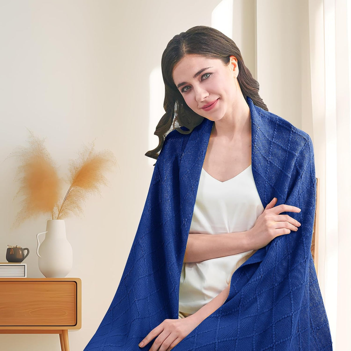 inhand Knit Klein Blue Throw Blanket for Couch, Soft Living Room Home Decor Knitted Twin Size Blanket, Outdoor Lightweight Breathable Summer Blanket, Farmhouse Warm Woven Decorative, 60"x80"