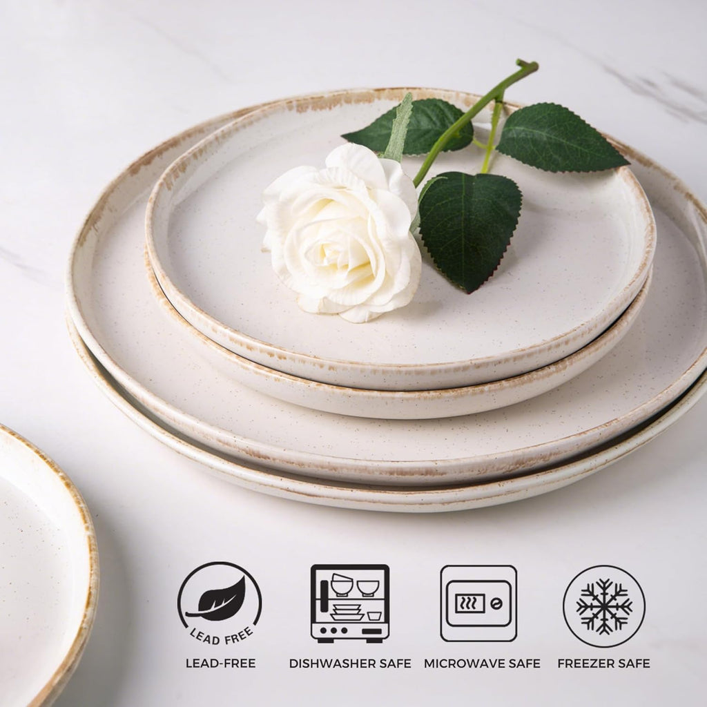 AmorArc Ceramic Dinnerware Sets, Wavy Rim Stoneware Plates and Bowls Sets, Highly Chip and Crack Resistant | Dishwasher & Microwave Dishes set, Service for 4 (12pc)-Speckled Cappuccino White