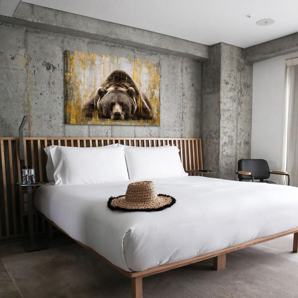 KREATIVE ARTS Bear Sleep Pictures Wall Decor Brown Animal Canvas Wall Art Modern Rustic Woodland Wildlife Print Vintage Framed Artwork for Living Room Bedroom Cabin 32 x 24 Inch