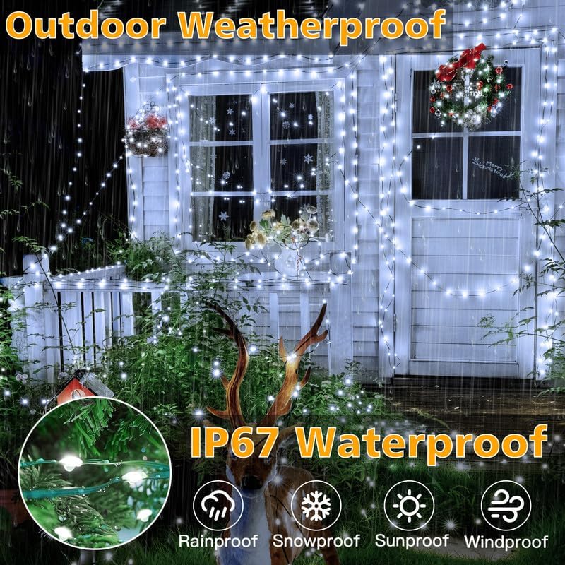 Ollny Christmas Lights, 198 FT 600 LED Outdoor Waterproof Plug in Christmas Tree Lights with 8 Modes Remote Timer, String Lights for House Yard Outside Indoor Xmas Decorations White