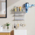 VITVITI Metal Hair Tool Organizer Wall Mount, Hair Dryer Holder with 3 Tier Shelf Basket Hooks, Bathroom Hair Styling Tool Organizer for Curling Iron/Blow Dryer/Straightener, White