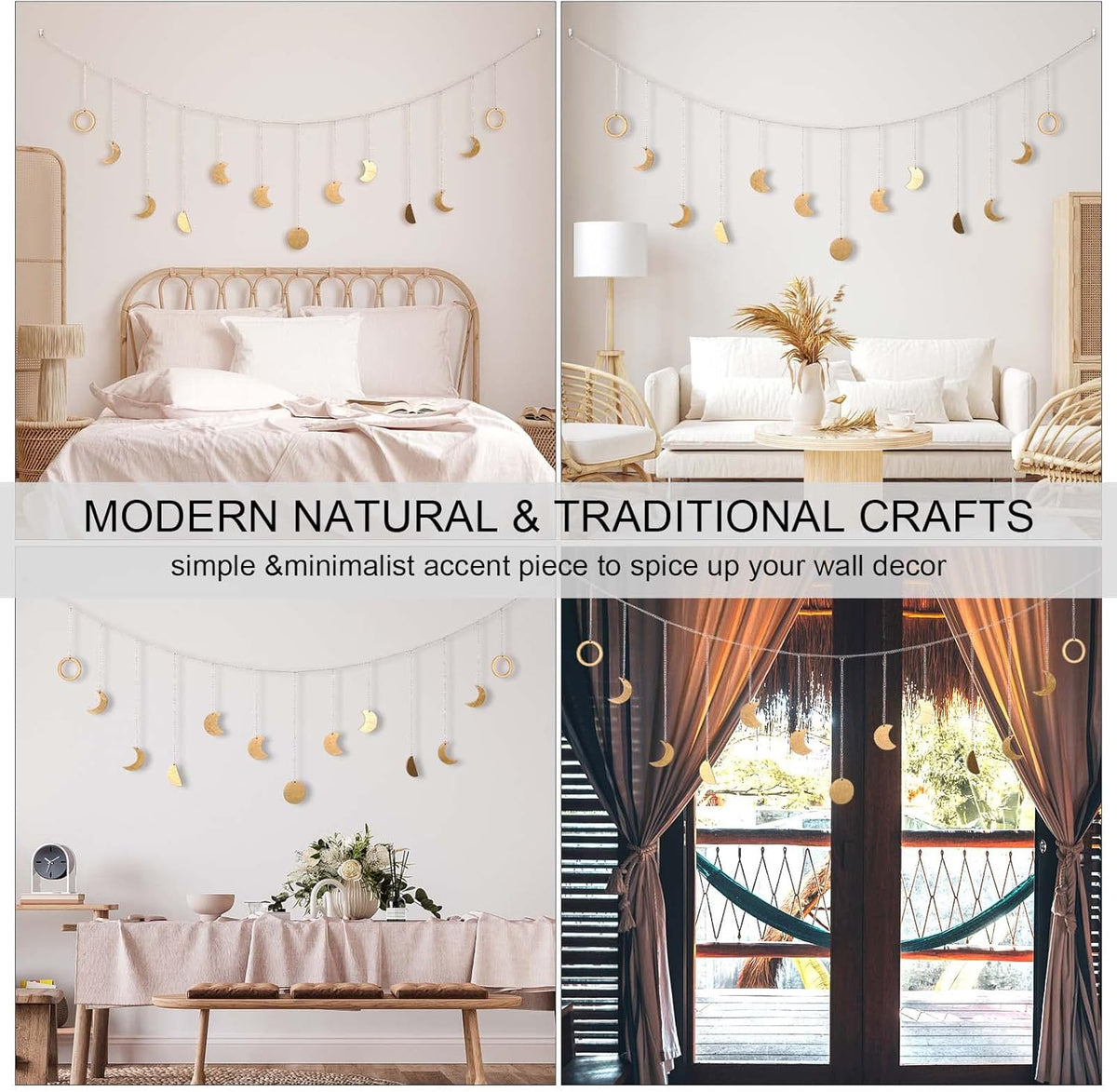 Moon Phase Wall Decor with LED String Light, 13 Gold Wood Boho Wall Hanging Decor Mood Garland 56'' - Celestial Phases Moon Decor in Bohemian Style for Bedroom Home Living Room