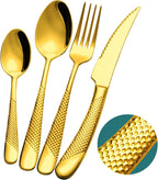16-Piece Luxury Gold Hammered Silverware Set with Ultra Sharp 2-IN-1 Serrated Knife, 18/10 Stainless Steel Flatware Set, Tableware Cutlery Set for 4, Forks Spoons Knives Set