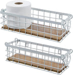 MyGift 13 and 12 Inch Nesting Storage Baskets with Handles, Wall Mounted or Tabletop White Metal Wire and Premium Acacia Wood Decorative Shelf Organizer Bins, 2 Piece Set