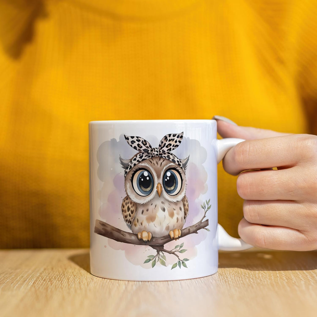 JINYO Coquette Leopard Bow Owl Mug, Cute Owl Coffee Cup, Gifts for Owls Lovers Women, Cute Wild Animal Ceramic Coffee Tea Mug 11 oz