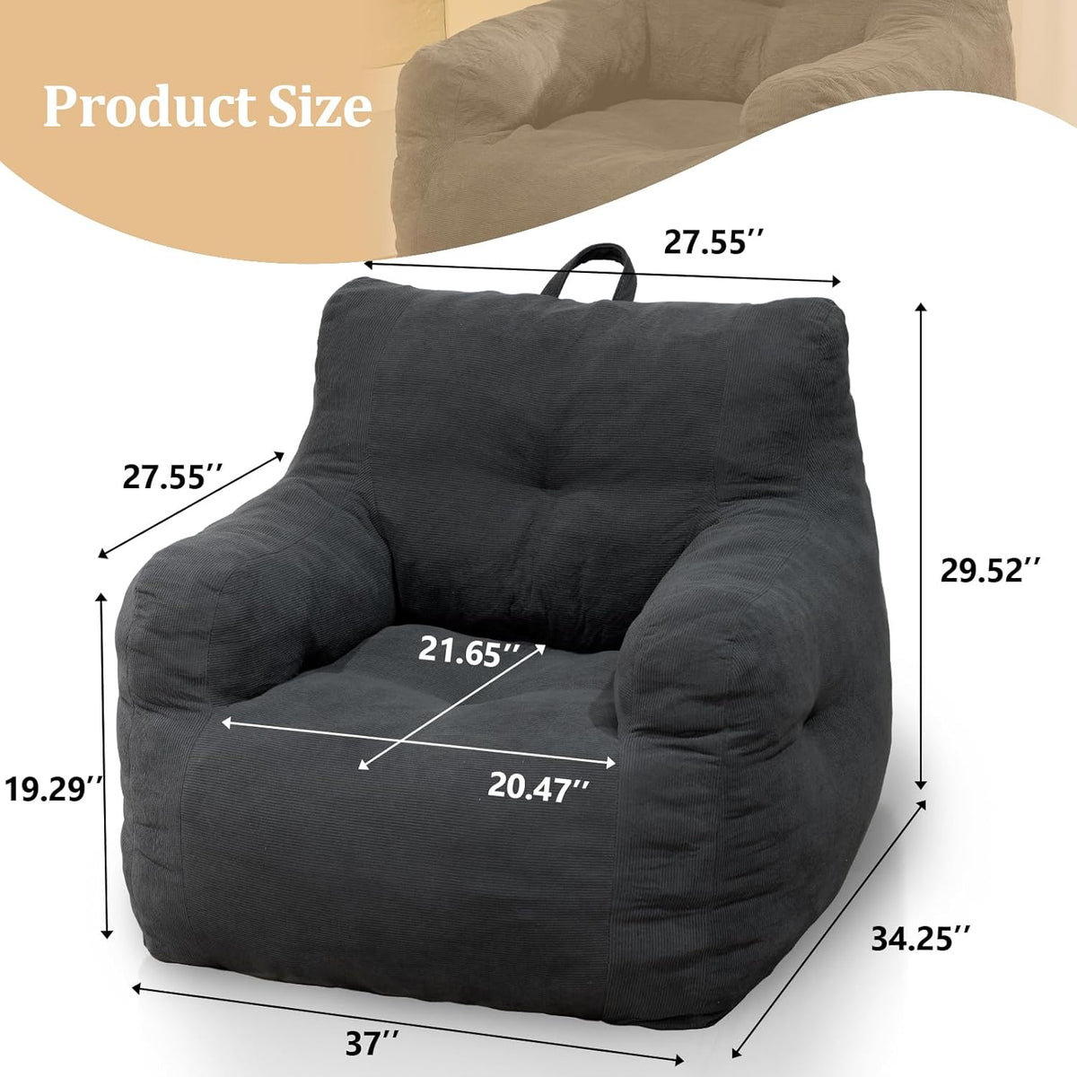 Bean Bag Chairs for Adults Ergonomic Support Reading Floor Sofa Chair with Filler Spacious (Grey) (Standard)