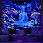 Dermijer Blacklight Tapestry Fantasy Mushroom Forest Tapestry UV Reactive Waterfall Tapestries Moon Night Neon Flower Landscape Wall Hanging for Home Decor L92.5×W70.8