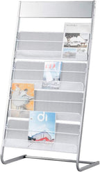 GENMO Floor-Standing Magazine Rack, Carbon Iron Steel, Silver, 4 Large Shelves, Convenient Installation, Suitable for Reception Areas