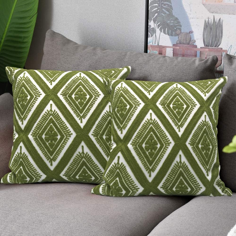 Alysheer Embroidered Decorative Throw Pillow Covers 18x18 inches Set of 2 Pieces, Boho Geometric Modern Chic Classic Pattern Cotton Cushion Cases for Sofa Couch Bed Living Room(Olive Green)