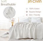jinchan Boho 100% Cotton Blanket Muslin Twin Size 60x80 Inches Lightweight 3-Layer Geometric Square Pattern Reversible Quilt Throw Soft Breathable Comfy All Seasons for Couch Bed Decor, Light Grey