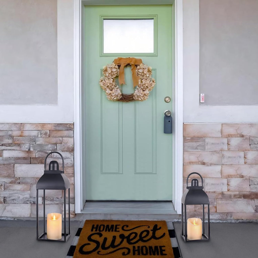 Lanterns Decorative Outdoor Indoor, Black Metal Outdoor Lanterns, 17'' 13'' Set of 2 Modern Farmhouse Candle Lantern Halloween Lanterns Centerpieces for Home, Wedding, Patio, Porch, Mantel