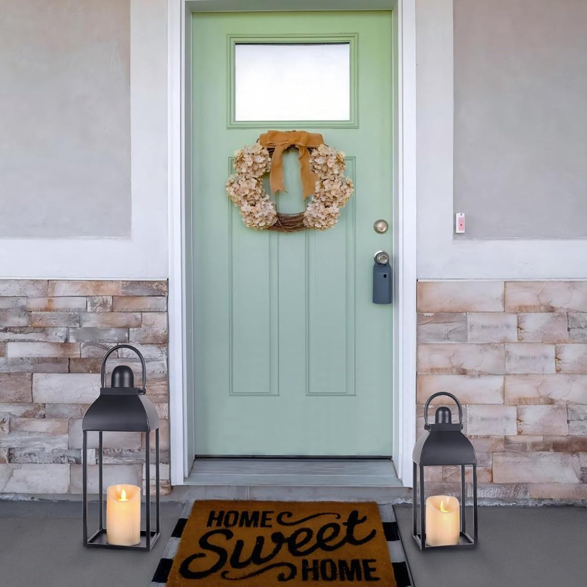 Lanterns Decorative Outdoor Indoor, Black Metal Outdoor Lanterns, 17'' 13'' Set of 2 Modern Farmhouse Candle Lantern Halloween Lanterns Centerpieces for Home, Wedding, Patio, Porch, Mantel