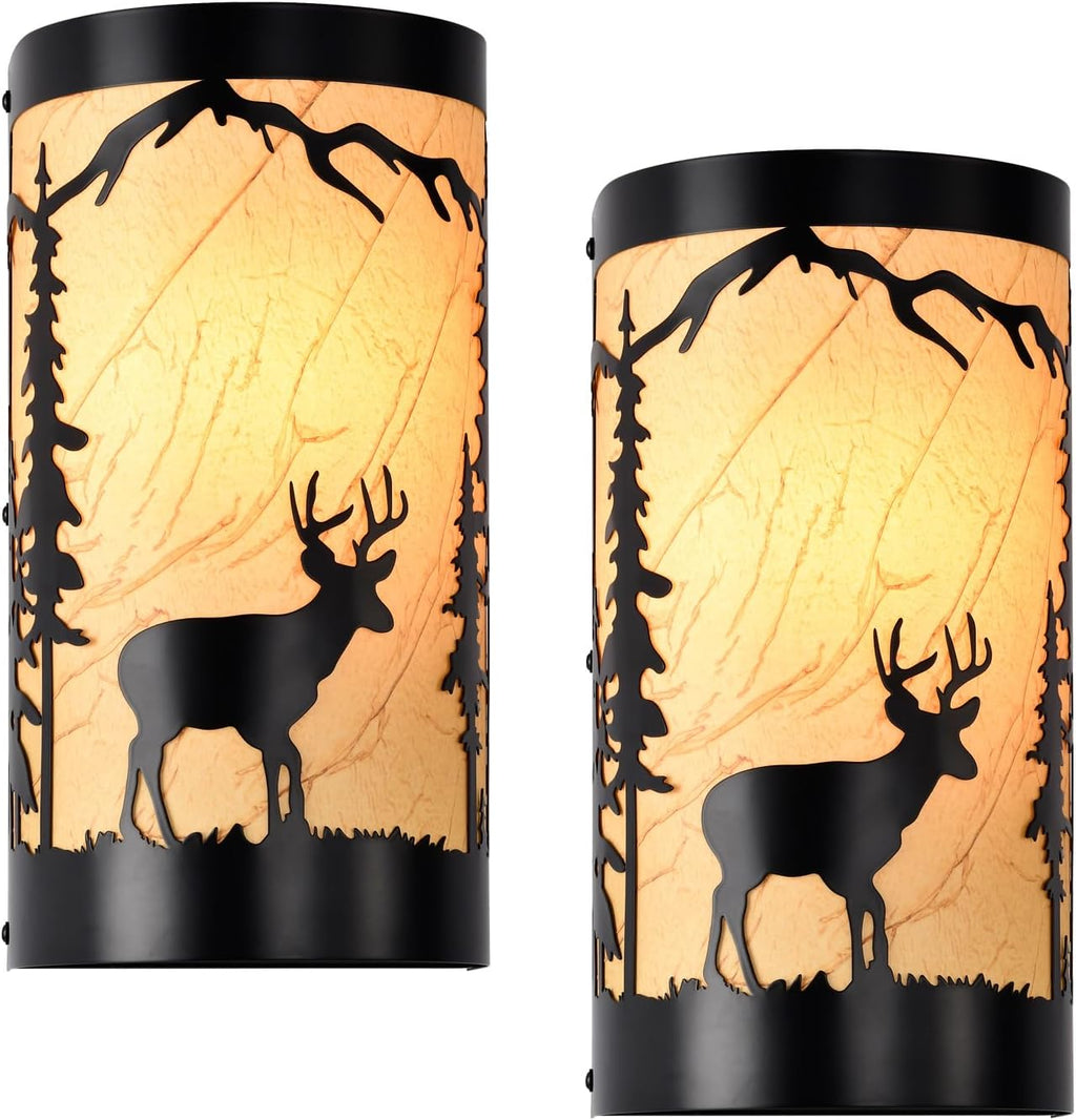 Wall Sconces Set of Two,Deer Metal Yellow Parchment Rustic Wall Sconces,Farmhouse Matte Black Wall Mount Lamp,Vintage Bedroom Wall Lights,Indoor Wall Lamps for Living Room,Hallway,Porch