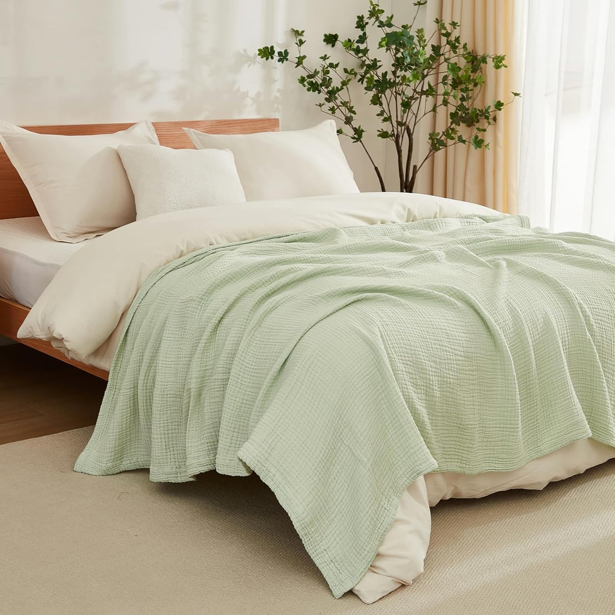 EMME Cotton Blanket Queen Size for Bed Soft Large Muslin Bed Blankets 90"x90" Lightweight Breathable All Season Gauze Blanket, Mint Green