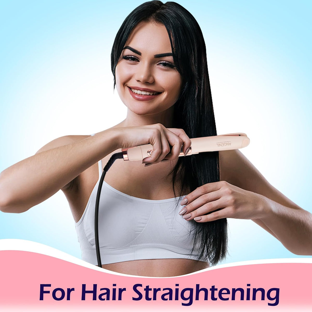 ANGENIL Pro Twist Flat Iron Hair Straightener, 2 in 1 Straightener and Curling Iron for Women, Round Pink Dual Voltage Hair Straightener with Silicone Heat Resistant Mat, 20s Fast Heating, LCD Display