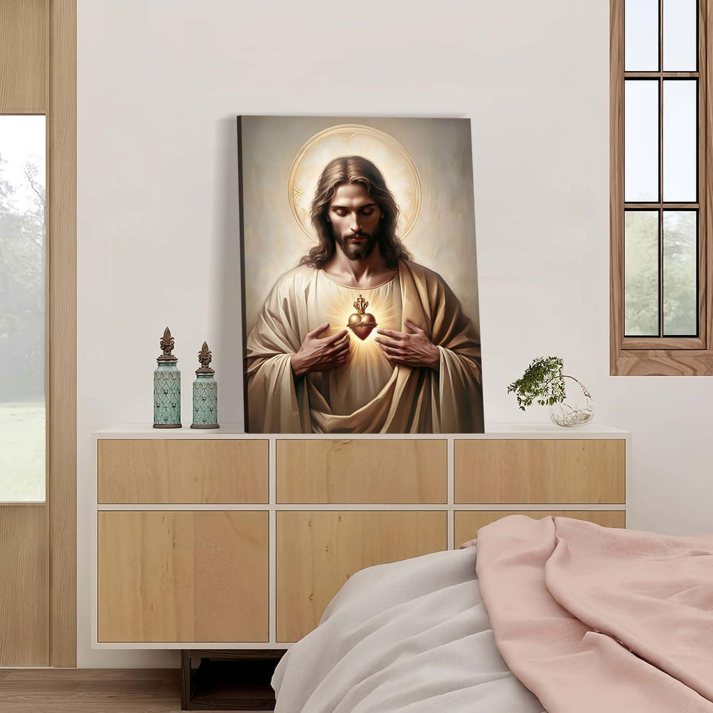 Framed Jesus Sacred Heart Religious CatholicWall Art Decor Canvas Print Print Poster Artwork Christian Home Decor Gallery for Bedroom Living Room 16x24 Inch Ready to Hang
