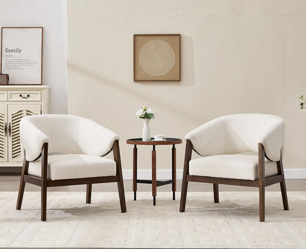 Mid-Century Modern Accent Chair, Comfy Barrel Armchair with Wide Seat, Upholstered Lounge Chair with Walnut Wood Legs for Living Room/Bedroom/Reading Corner, Chenille, Beige, 1PC