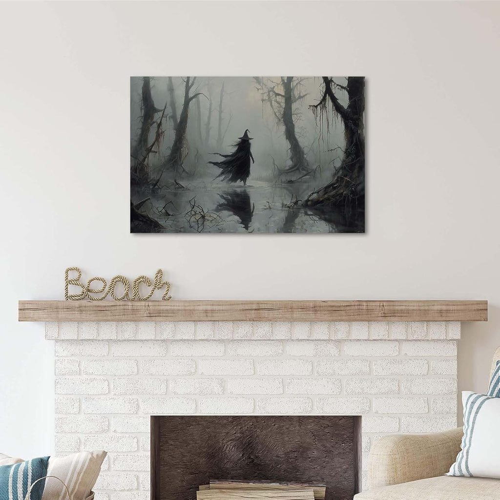 Vintage rustic swamp witch poster dark moody wall art gothic horror season halloween print for home decor retro dark moody painting28x40in Wood Framed