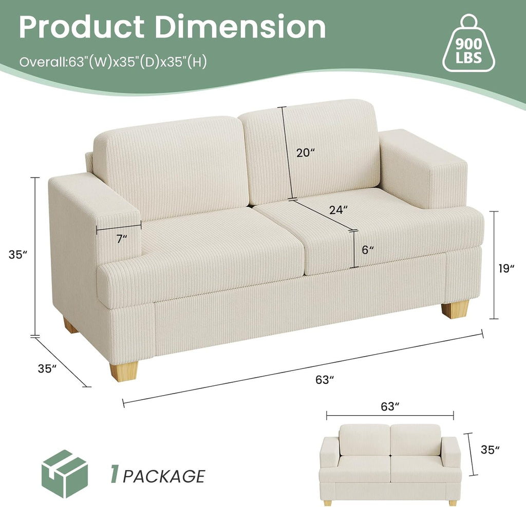 3 Pieces Corduroy Couch Set for Living Room, 3 Seater & Loveset*2 Cloud Sofa, Deep Seat Floor Couch for Bedroom, Futon Modern Sofa Bed, White Corduroy
