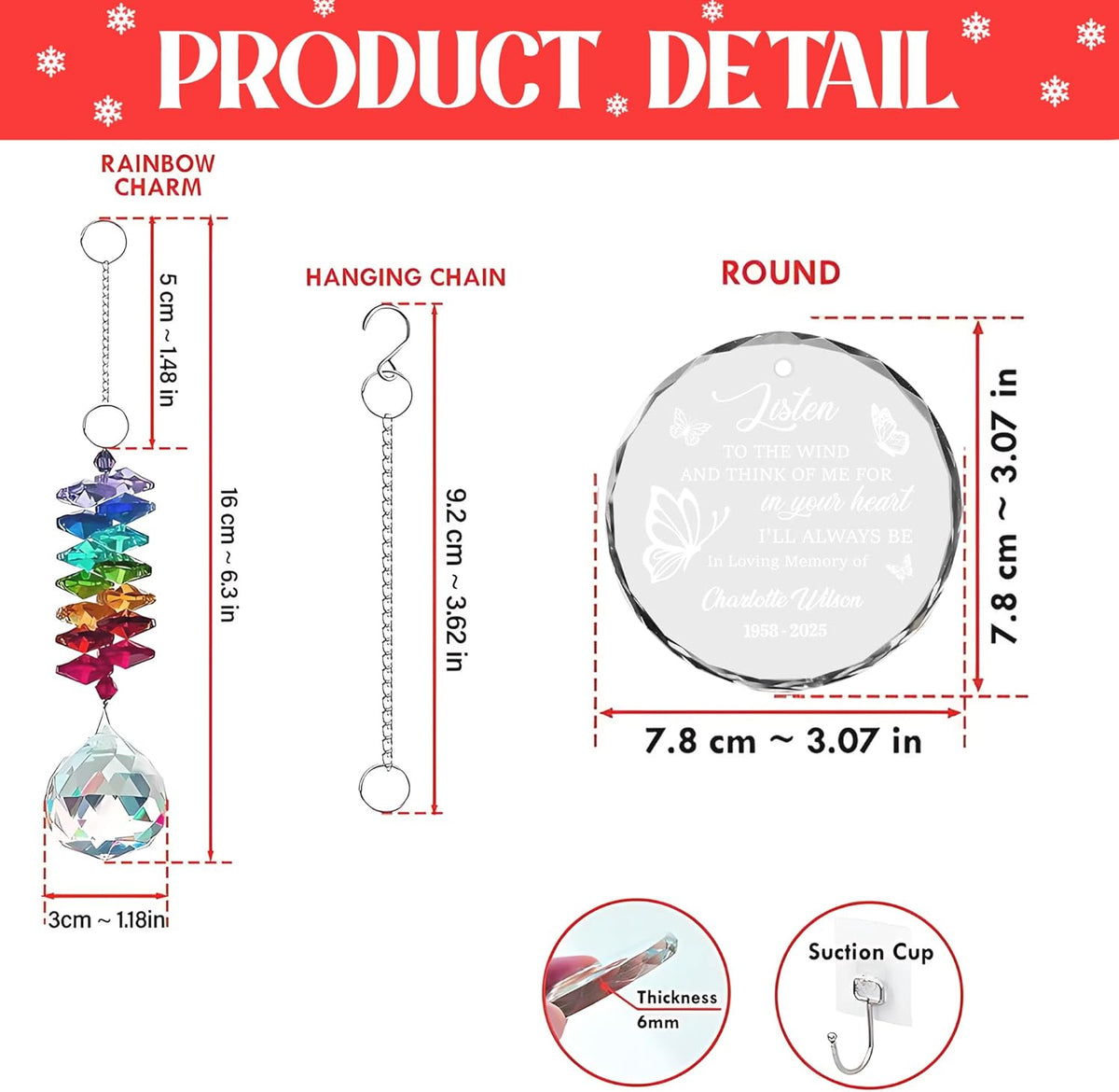 Personalized Memorial Christmas Ornament – Custom Angel Heaven Ornament for Loss of Loved One – Listen to The Wind Glass Sun Catcher – Family Remembrance Gift for in Loving Memory