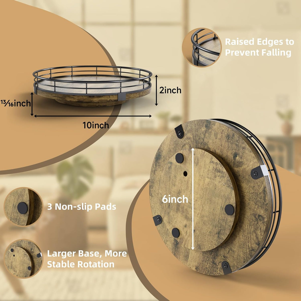 Lazy Susan Turntable Organizer for Table Top, 10’’ Round Wooden Lazy Susan for Cabinet Kitchen Countertop Pantry Dining Coffee Table for Condiments Spices, Rustic Bathroom Vanity Tray for Soap Candle