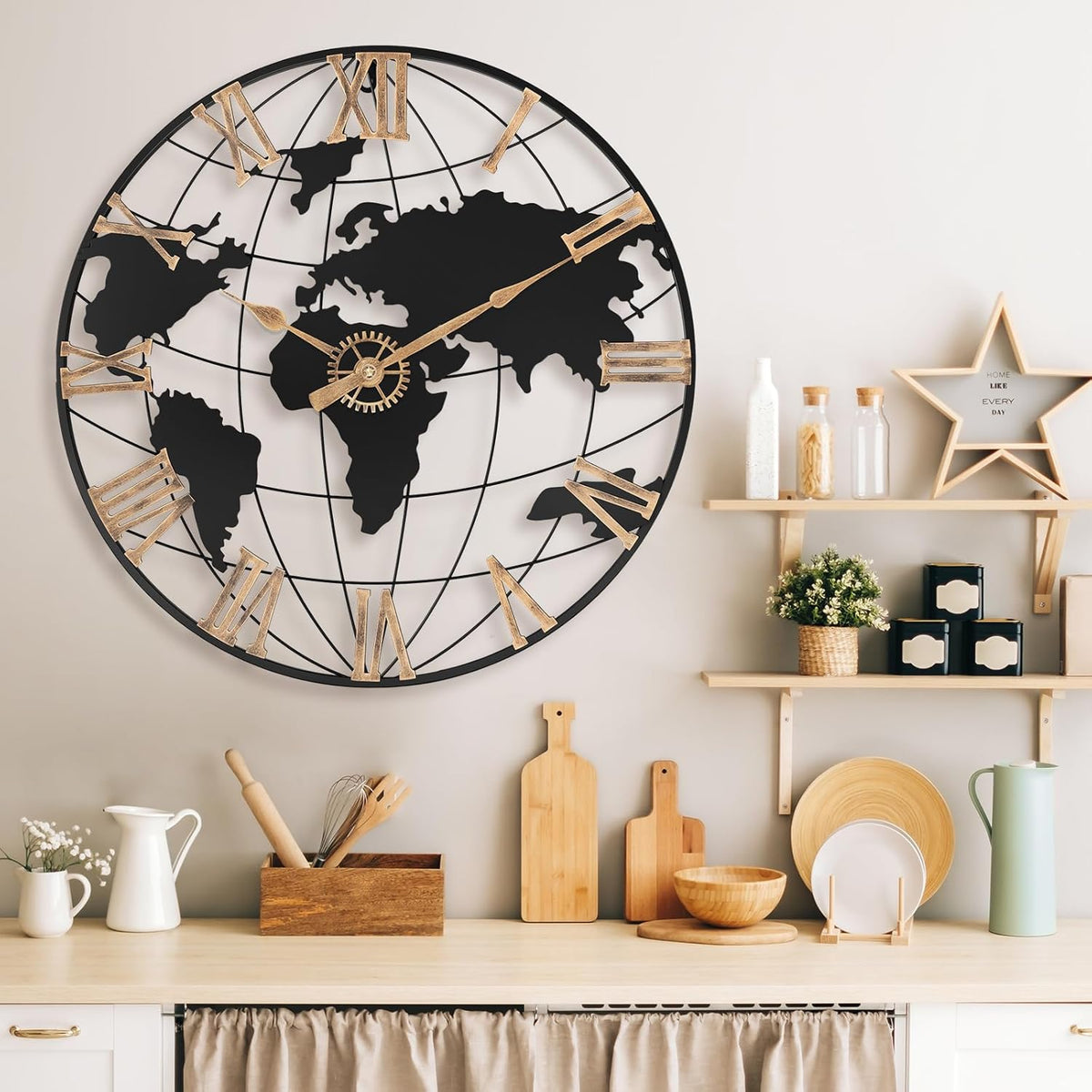 24 Inch Large Wall Clock for Living Room Decor,Big Modern Decorative Silent World Map Metal Wall Clock with Vintage Gold Roman Numeral for Office,Living Room,Kitchen,Dining Room