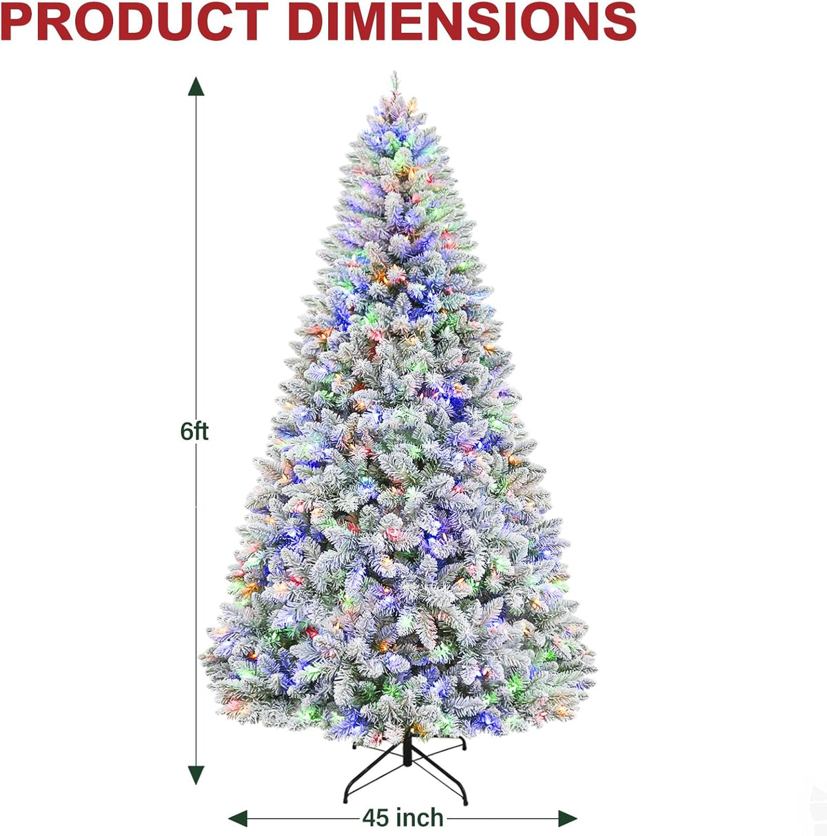 Hykolity 6 ft Prelit Christmas Tree with 250 Color-Changing LED Lights, Snow Flocked Artificial Christmas Tree with 1032 Tips, Metal Stand and Hinged Branches, 10 Colors