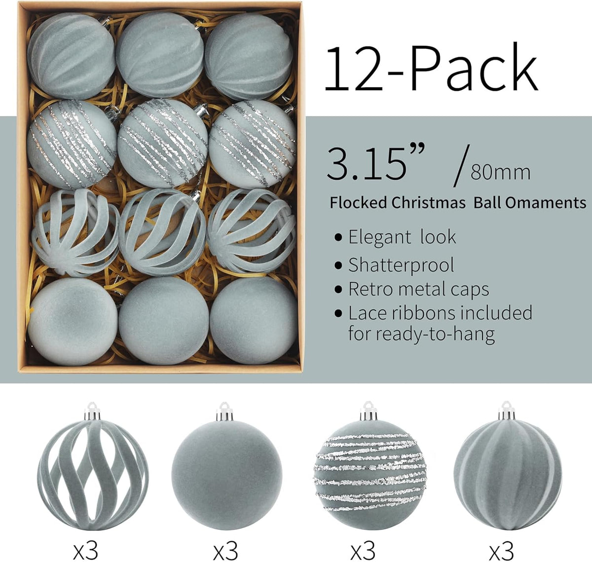 Christmas Ornaments Set of 12, 3.15" Flocked Velvet Balls with Hand Painted Designs, Dusty Blue Elegant Christmas Tree Decorations in Gift Box