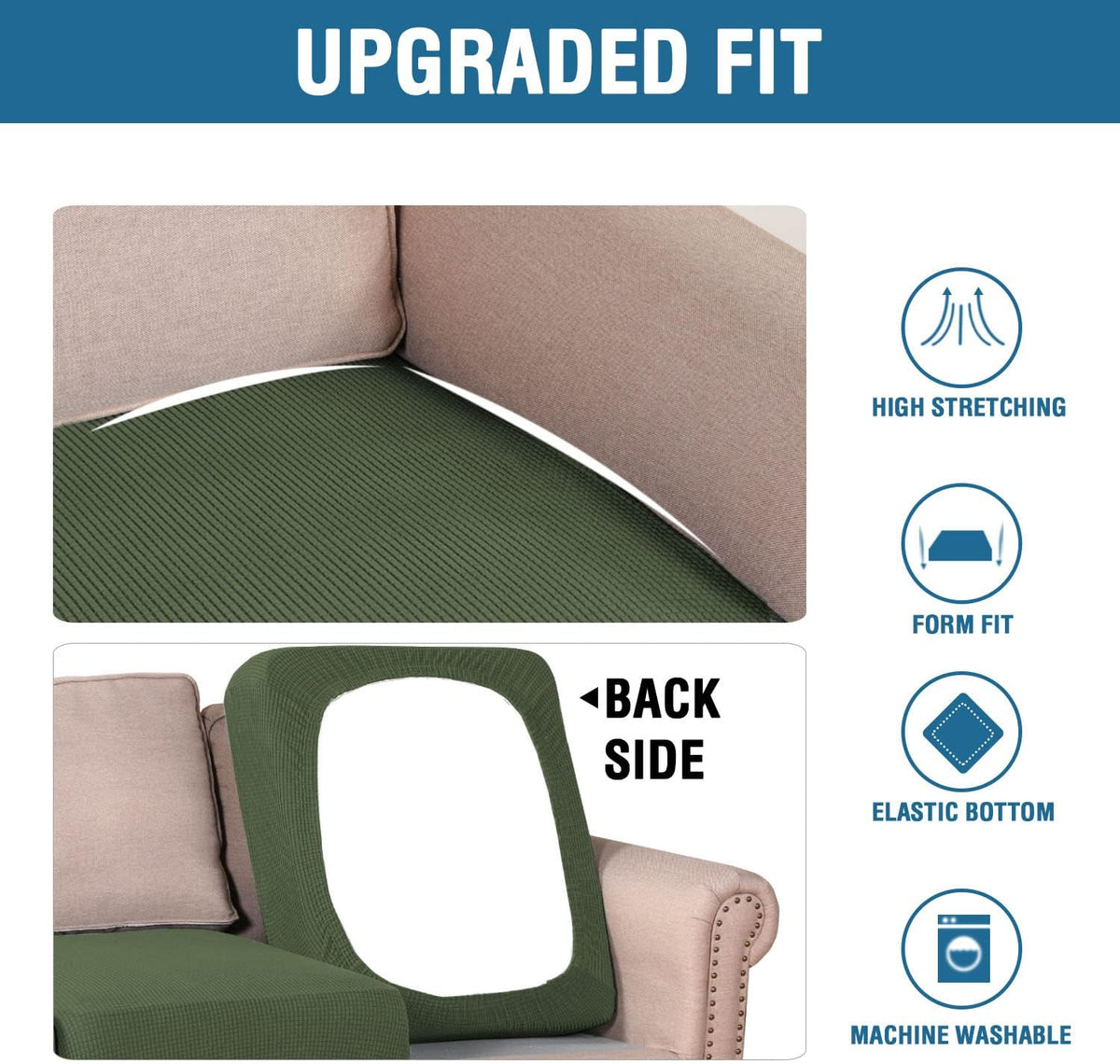 H.VERSAILTEX Super Stretch Individual Seat Cushion Covers Sofa Covers Couch Slipcover Sets Thick Jacquard Textured Twill Fabric (3 Piece Sofa Cushion Covers, Bronze Green)