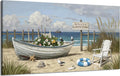 amatop Large Coastal Wall Art Nautical Beach Canvas Art Print Flower-Filled Boat on Sand Ocean Waves Seaside Seascape ArtworkSea Birds Marine Picture Home Decor for Living Room Bedroom Office 48×24 Inch
