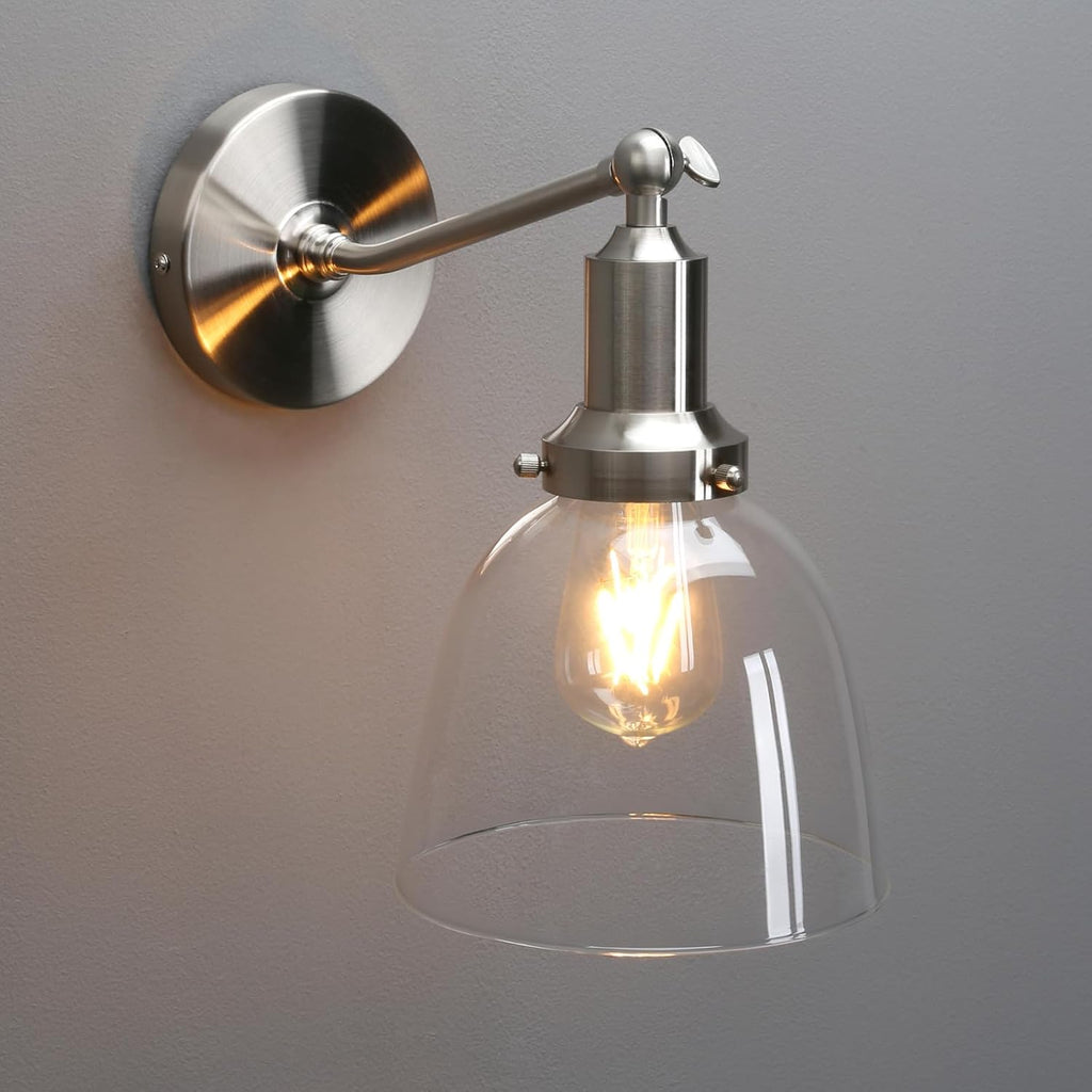 PERMO Industrial Vintage Slope Pole Wall Mount Single Sconce with 6.7" Oval Dome Clear Glass Shade Wall Sconce Light Lamp Fixture (Brushed Nickel)