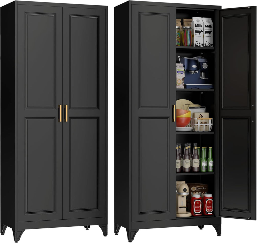 75" Storage Cabinet, Metal Pantry Cabinet, Kitchen Pantry Storage Cabinets with Doors and 4 Shelves, Cabinets for Laundry Room, Living Room, Dinning Room, Assembly Required, Black